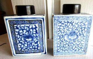1910 Era Chinese Tea Caddies Light Blue & Dark Blue Same Design Wooden Tops Rare