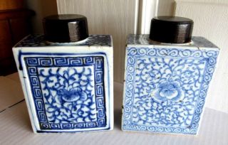 1910 ERA CHINESE TEA CADDIES LIGHT BLUE & DARK BLUE SAME DESIGN WOODEN TOPS RARE 3