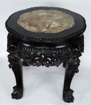 Antique Chinese Late Qing Carved Hardwood Marble Top Plant Stand Ball Claw Foot