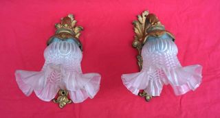 French Art Deco Gilt Bronze Pressed Glass Shade Wall Sconce Early 20th C