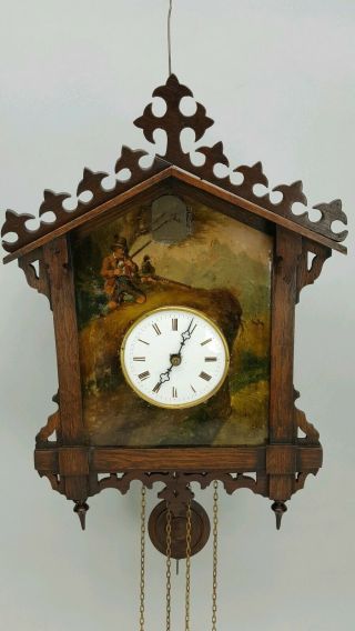Rare Antique Black - Forest Painted Dial Cuckoo Wall Clock Hunting Scene