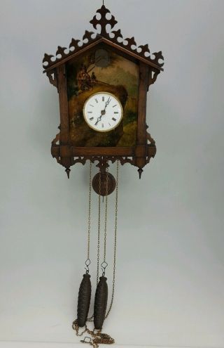 RARE ANTIQUE BLACK - FOREST PAINTED DIAL CUCKOO WALL CLOCK HUNTING SCENE 2