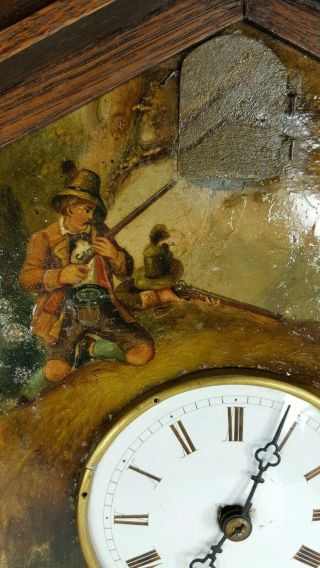 RARE ANTIQUE BLACK - FOREST PAINTED DIAL CUCKOO WALL CLOCK HUNTING SCENE 5