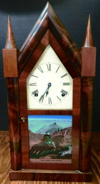 Antique Ansonia 30 Hour Reverse Painted The Highland Chase Steeple Clock Vg