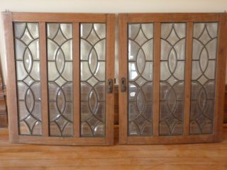 Two Antique Leaded Glass Cabinet Doors Solid Wood Frames