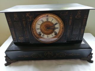 Antique Large Ansonia York Black Enameled Cast Iron mantel clock,  rams heads 12
