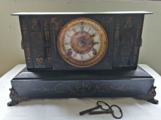 Antique Large Ansonia York Black Enameled Cast Iron Mantel Clock,  Rams Heads
