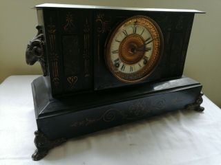 Antique Large Ansonia York Black Enameled Cast Iron mantel clock,  rams heads 2