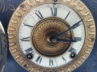 Antique Large Ansonia York Black Enameled Cast Iron mantel clock,  rams heads 3