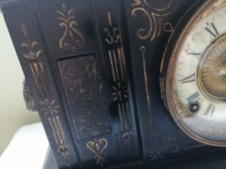 Antique Large Ansonia York Black Enameled Cast Iron mantel clock,  rams heads 5