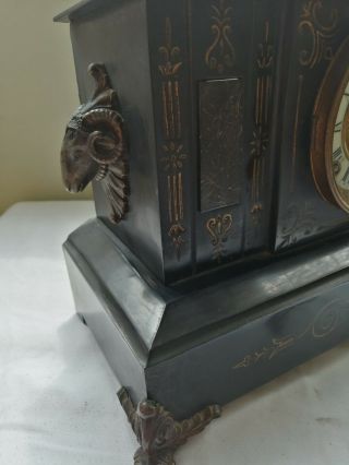 Antique Large Ansonia York Black Enameled Cast Iron mantel clock,  rams heads 7
