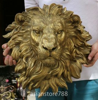 17 " Old Chinese Fengshui Copper Bronze Carving Animal Lion King Head Mask Statue
