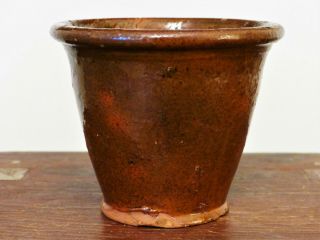 Rare Form Antique 19th C Pa Pumpkin Glaze Redware Storage Crock Flower Pot