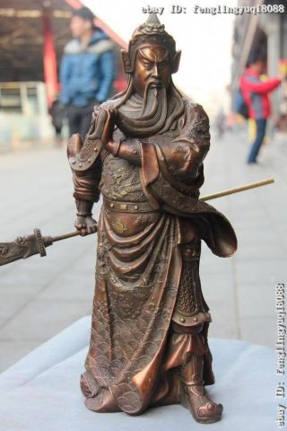 Classic Copper Bronze Feng Shui Dragon Guan Gong Guanyu Hold Dragon Sword Statue