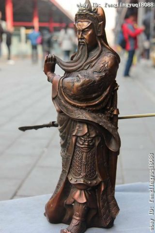 Classic Copper Bronze Feng Shui Dragon Guan Gong GuanYu Hold Dragon Sword Statue 6