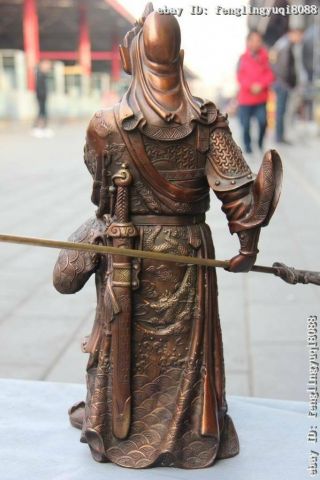 Classic Copper Bronze Feng Shui Dragon Guan Gong GuanYu Hold Dragon Sword Statue 7