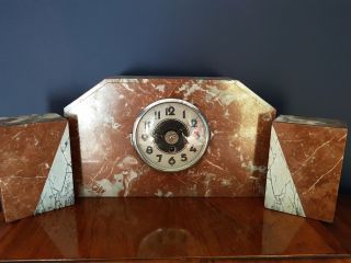 1920s Art Deco Marble Mantel Clock With Garnitures