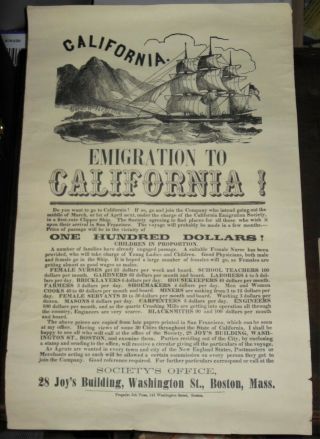 Antique Gold Rush Advertising Handbill Poster California Emigrant 1850’s Boston