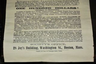 Antique Gold Rush Advertising Handbill Poster California Emigrant 1850’s Boston 3