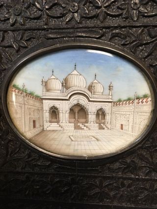 Antique Indian Mogul Painted Miniatures X2 Ebony Frames 19 Th C