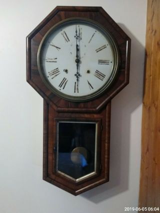 Antique American Ansonia Regulator Wall School Clock Circa 1910