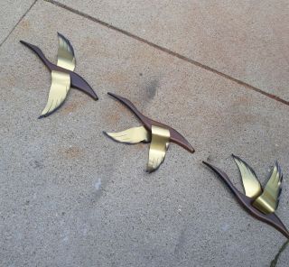 Set 3 Mid - Century Modern Danish Flying Geese Wood Brass Birds Wall Decor Ducks