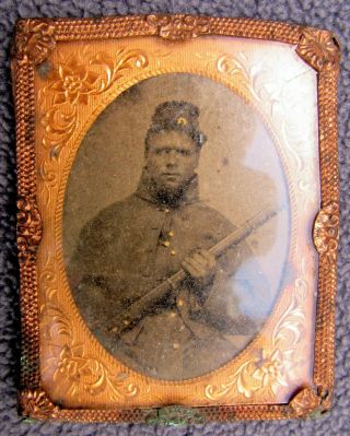 Ninth Plate Tintype 2 X 2 1/2 Union Soldier Overcoat Cap Holding Rifle Iowa