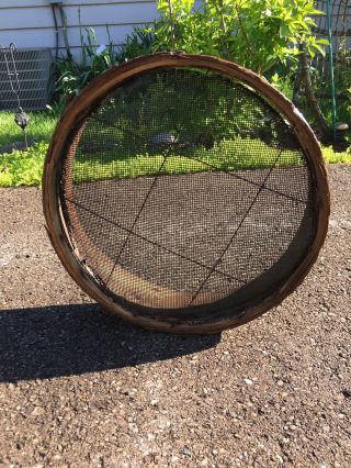 Antique Primitive Old Barn Tool Round Wood & Wire Farm Grain Sifter