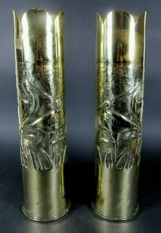 Trench Art Vase Pair Birds Brass Shell Casing Artillery French & Poland Wwi