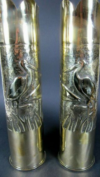 Trench Art Vase PAIR Birds Brass Shell Casing Artillery French & Poland WWI 2