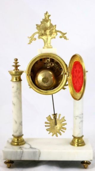 French Antique Mantle Clock Set 8 Day Bell Striking White Marble Portico 3 Piece 10