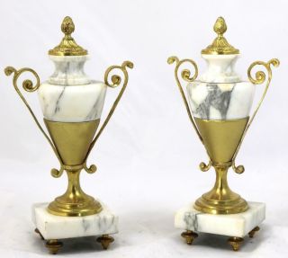 French Antique Mantle Clock Set 8 Day Bell Striking White Marble Portico 3 Piece 12