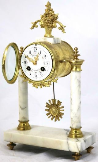 French Antique Mantle Clock Set 8 Day Bell Striking White Marble Portico 3 Piece 2