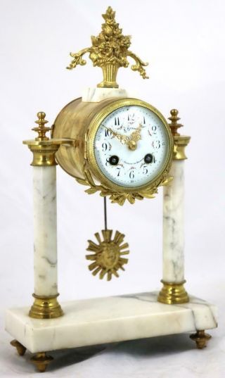 French Antique Mantle Clock Set 8 Day Bell Striking White Marble Portico 3 Piece 3