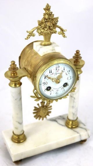 French Antique Mantle Clock Set 8 Day Bell Striking White Marble Portico 3 Piece 4