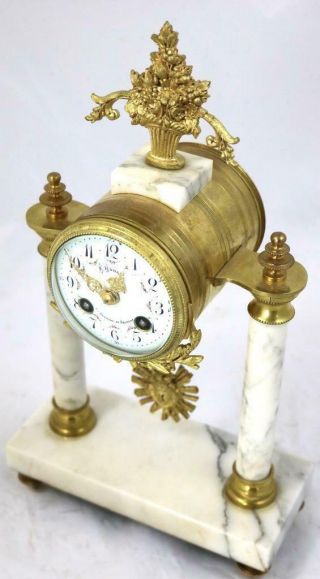 French Antique Mantle Clock Set 8 Day Bell Striking White Marble Portico 3 Piece 5