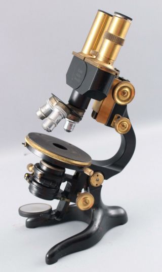 Rare 1913 Antique E.  Leitz First Binocular Microscope,  Brass & Iron Scientific