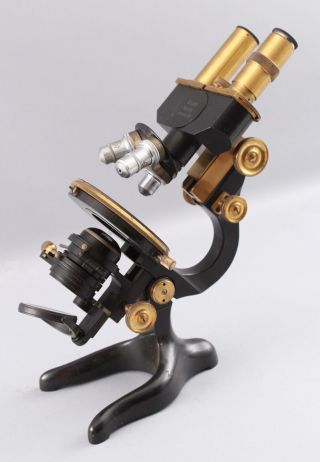 RARE 1913 Antique E.  Leitz First Binocular Microscope,  Brass & Iron Scientific 9