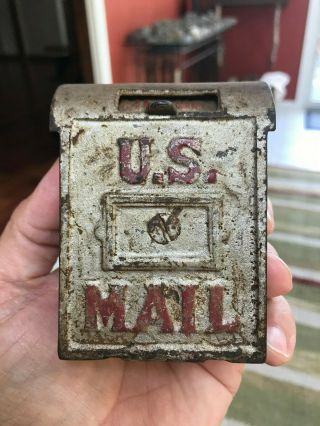 Antique Cast Iron Silver & Red Painted U.  S.  Mail Bank
