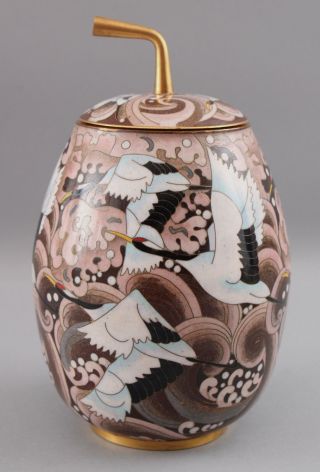 Antique Art Deco Japanese Cloisonne,  Red Crown Cranes,  Gilt Brass Gourd Jar 2