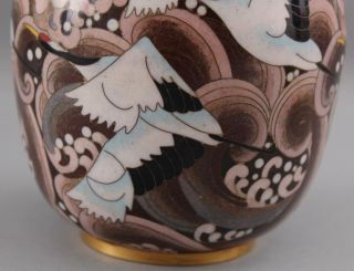 Antique Art Deco Japanese Cloisonne,  Red Crown Cranes,  Gilt Brass Gourd Jar 4