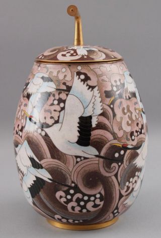 Antique Art Deco Japanese Cloisonne,  Red Crown Cranes,  Gilt Brass Gourd Jar 6