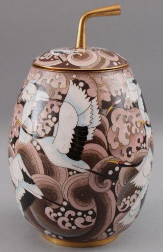 Antique Art Deco Japanese Cloisonne,  Red Crown Cranes,  Gilt Brass Gourd Jar 8