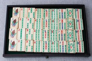 Antique 1920s Chinese Mah Jong Set Rosewood Box 148 Bone Bamboo Tiles,  Counters 2