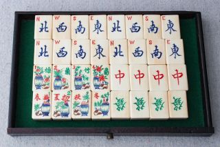 Antique 1920s Chinese Mah Jong Set Rosewood Box 148 Bone Bamboo Tiles,  Counters 8