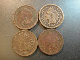 (4) 1862 - 1865 Us Indian Head Cents.  Civil War Era.  Fine - Vf Details (corrosion)