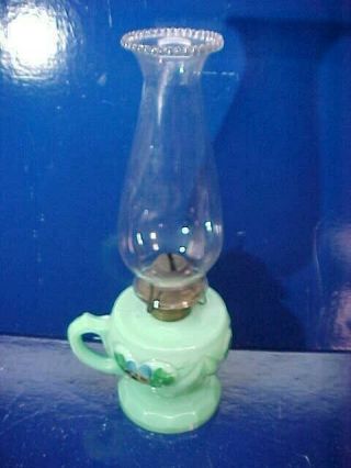 19thc Victorian Era Green Opaque Glass W Painted Flowers Finger Style Oil Lamp