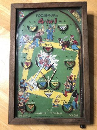 Antique Poosh - M - Up Jr 4 In 1 Northwestern Products Baseball Pinball Game 1930s