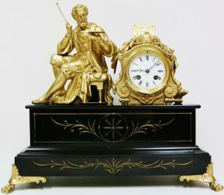 Fine Antique French Slate Striking Mantle Clock 8 Day Artist Figurine Gilt Metal