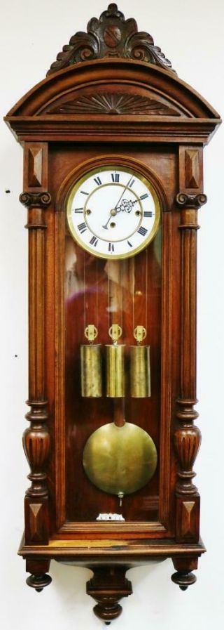 Antique German Mahogany 8 Day Triple Weight Grande Sonnerie Vienna Wall Clock